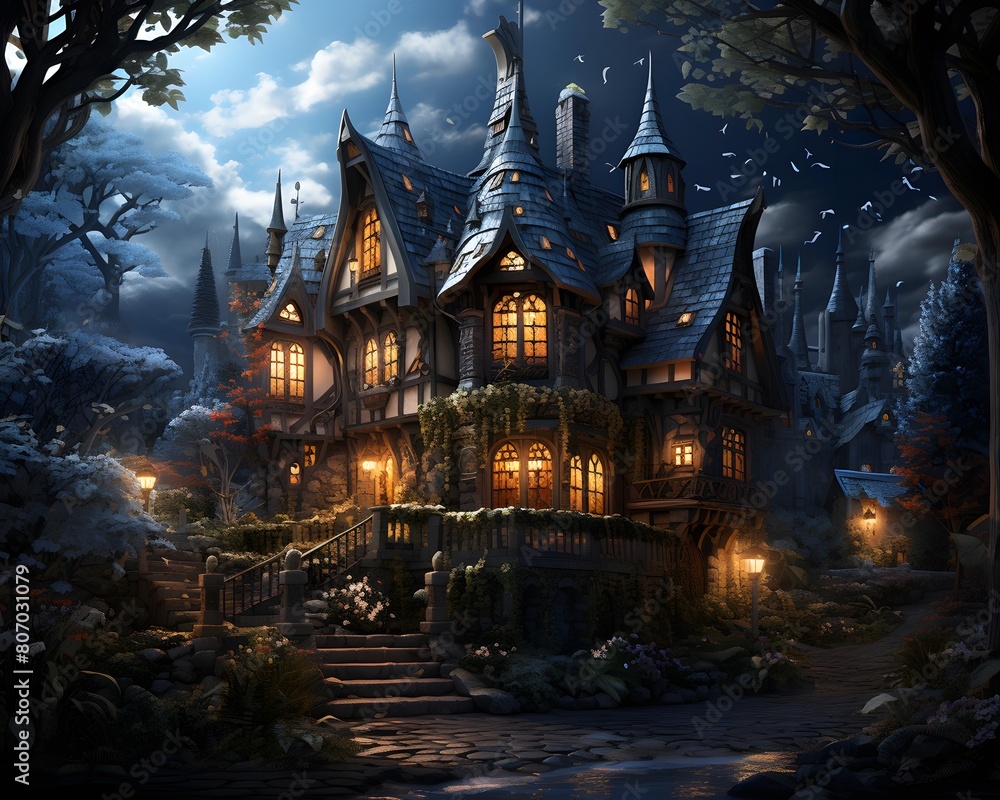 Halloween background with haunted house in the forest - 3D render