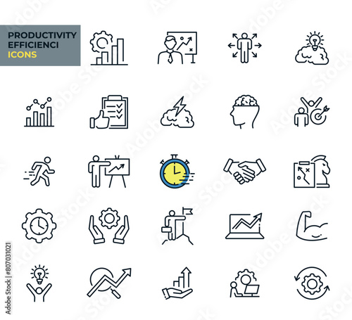 Productivity and Efficiency web icons line style. Collection, business, success, goal, planning, process, performance. Vector illustration