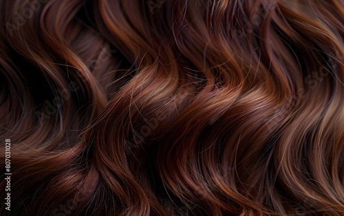 Strands of Beautiful long wavy hair colored in light dark brown color  top view. Closeup shot of beautiful curly hair. Beauty  Fashion concept. Hairdresser salon concept.