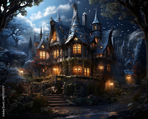 Halloween background with haunted house in the forest - 3D render
