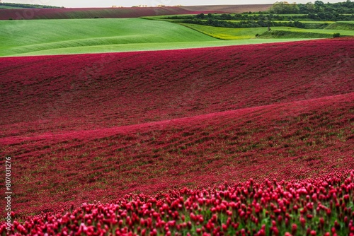 Spring field with purple clover. The beauty of agriculture. Crimson clover. 