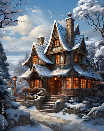 Wooden house in winter forest. Panoramic view. 3D rendering