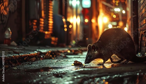 An opossum rummaging through a city alley, the glow of streetlights creating dramatic shadows photo