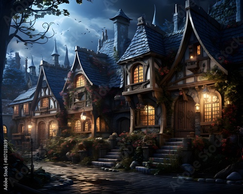 Halloween scene with haunted house and moonlight. 3d rendering