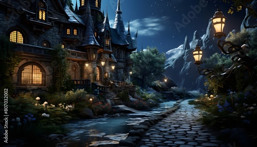 3D CG rendering of fantasy castle with moonlight. High quality photo