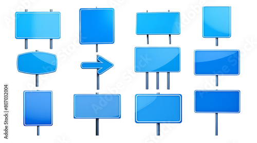 Set of various blue blank road signs isolated on transparent background