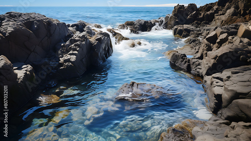 Rocky Shoreline: Describe tide pools, barnacles, and crashing waves. © Muhammad