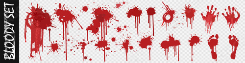 Big bloody vector set of blood marks, stains and footprints. Spatters blood, traces bloody hands and feet. Smudges and pools blood on transparent background. Creative bloody set for scary video games photo