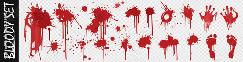 Big bloody vector set of blood marks, stains and footprints. Spatters blood, traces bloody hands and feet. Smudges and pools blood on transparent background. Creative bloody set for scary video games