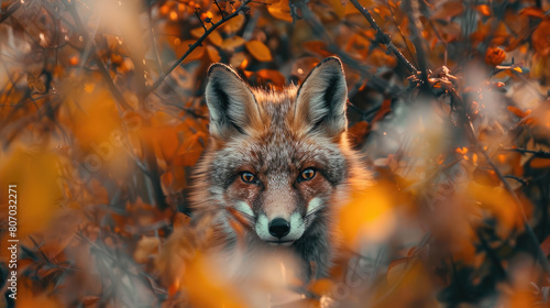 A red fox peeked out from behind the autumn leaves