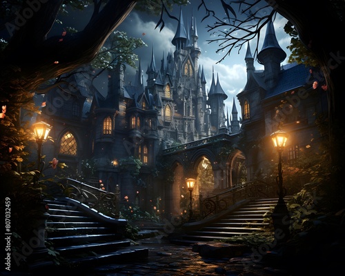 Halloween background with haunted castle, trees and lanterns. 3d rendering