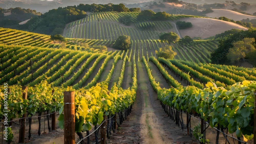 Fototapeta premium Vineyard on sunny hills with neatly aligned rows of vines creating depth. Concept Vineyard, Sunny Hills, Neatly Aligned Rows, Depth Perception, Scenic Beauty