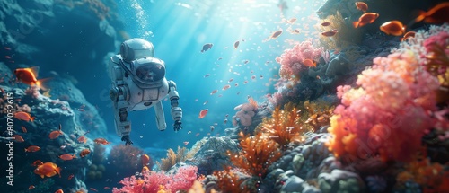 Discover a sleek, metallic robot, gliding through vibrant coral reefs in a sunlit underwater world, capturing the intricate dance of marine life in CG 3D photo