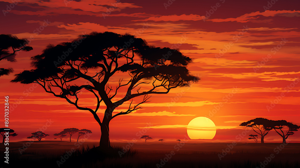 Savannah Silhouettes: Capture acacia trees against a setting sun.