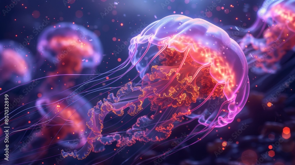 Obraz premium Enter the underwater realm with a worms-eye view of a majestic jellyfish palace bathed in ethereal, iridescent light, illuminating its intricate, translucent tendrils