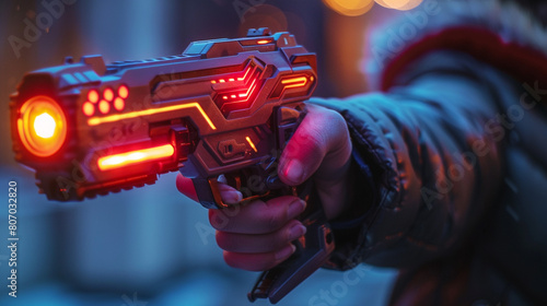 Close-up of laser tag gun in a child's hand, focused.