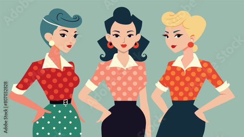 A touch of 50s style with formfitting pencil skirts polka dot blouses and victory rolls in the models hair.. Vector illustration