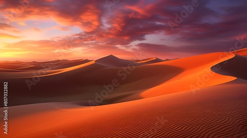 Beautiful panorama of sand dunes in the Sahara desert at sunset
