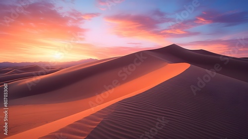 Sunset over the sand dunes in the Sahara desert, Morocco