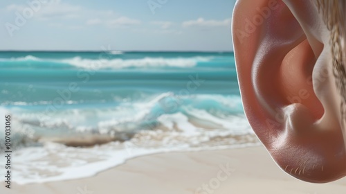 Fototapeta Naklejka Na Ścianę i Meble -  A close-up of the human ear with a background of the sea, waves, and beach, representing listening to the sounds of nature., Generative Ai