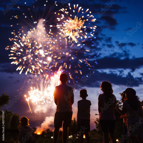 Silhouettes of a family standing in a field, captivated by a dazzling fireworks display against a dramatic sunset sky. 