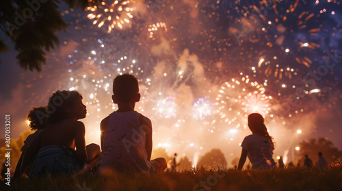 Back view of children sitting on the grass, silhouetted against a spectacular fireworks display lighting up the twilight sky. Silhouettes of Children Watching Fireworks Display