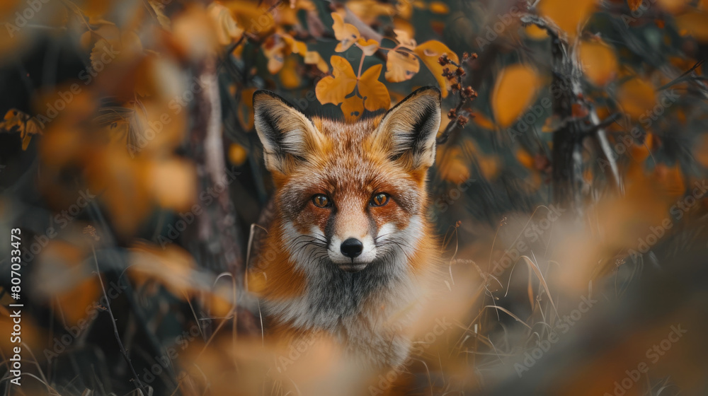A red fox peeked out from behind the autumn leaves A red fox peeked out from behind the autumn leaves
