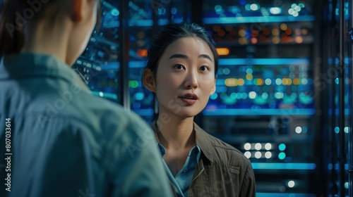 A Female Asian It Technician Explains Network Connection To A Novice Engineer, Background HD For Designer 