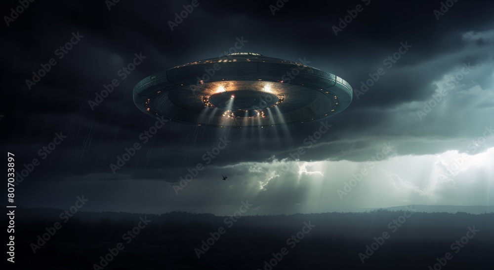 UFO, unidentified flying object, or aliens modern spaceship with light beam flying on dark cloudy sky over someplace in the earth. Generative AI.