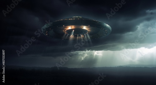 UFO, unidentified flying object, or aliens modern spaceship with light beam flying on dark cloudy sky over someplace in the earth. Generative AI.