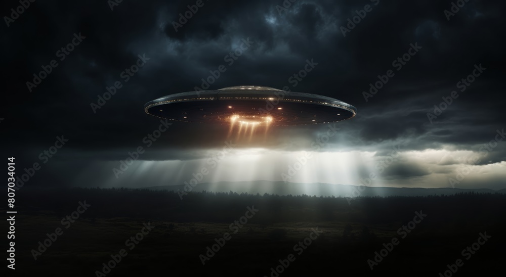 UFO, unidentified flying object, or aliens modern spaceship with light beam flying on dark cloudy sky over someplace in the earth. Generative AI. UFO, unidentified flying object, or aliens modern spaceship with light beam flying on dark cloudy sky over someplace in the earth. Generative AI.