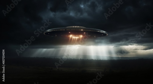 UFO  unidentified flying object  or aliens modern spaceship with light beam flying on dark cloudy sky over someplace in the earth. Generative AI.