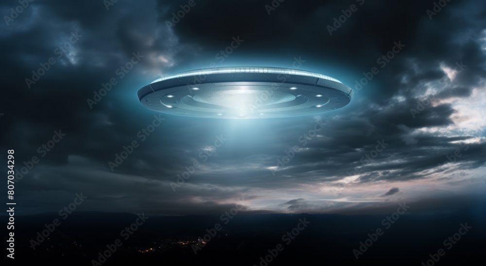 UFO, unidentified flying object, or aliens modern spaceship with light beam flying on dark cloudy sky over someplace in the earth. Generative AI. UFO, unidentified flying object, or aliens modern spaceship with light beam flying on dark cloudy sky over someplace in the earth. Generative AI.