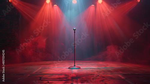 stage with a red background light with a mic stand in the middle and smoke effects photo