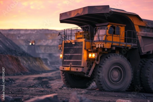 A coal mining truck at dawn, the early light casting a warm glow on the metal surfaces.