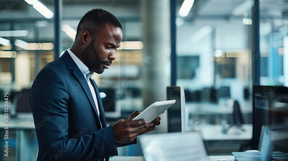 A man in a suit is reading a tablet in a cubicle A man in a suit is reading a tablet in a cubicle