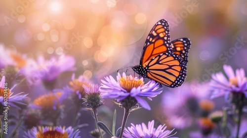 Beautiful monarch butterfly feeding on vibrant purple aster flower in summer floral scene. Captivating monarch butterflies among autumn blooming asters. Colorful nature photography for seasons and wil