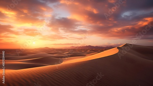 Panoramic view of sand dunes in the desert at sunset