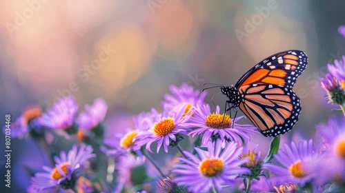 Fototapeta na wymiar Beautiful monarch butterfly feeding on vibrant purple aster flower in summer floral scene. Captivating monarch butterflies among autumn blooming asters. Colorful nature photography for seasons and wil