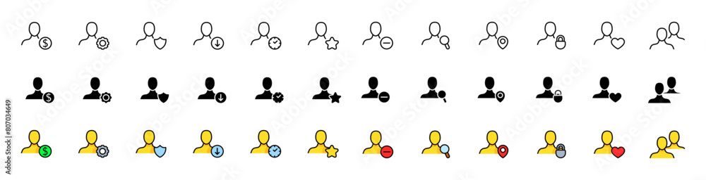 Profile icons collection. Man icons. Linear, silhouette and flat style. Vector icons