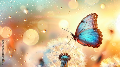 Natural pastel background. Morpho butterfly and dandelion. Seeds of a dandelion flower in drops of water on a background of sunrise 
