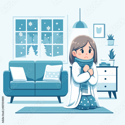 illustration of a woman in a sweater and scarf feeling cold inside the house