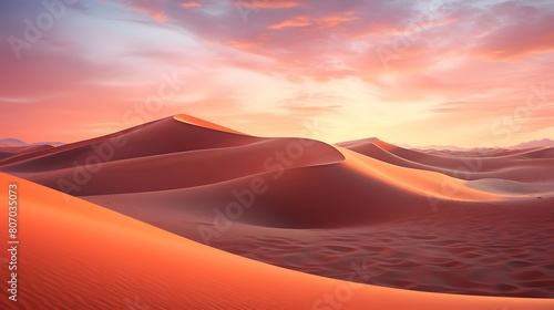 Desert sand dunes panorama at sunset. 3d render