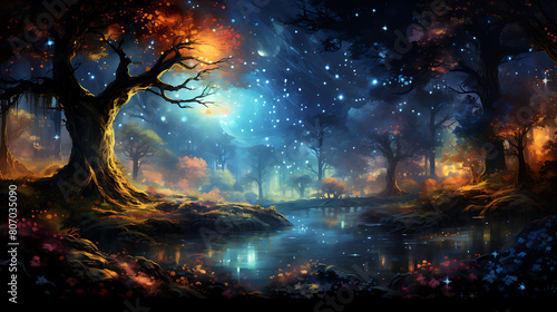 Starlit Forest  Imagine walking through a forest illuminated only by the night sky.