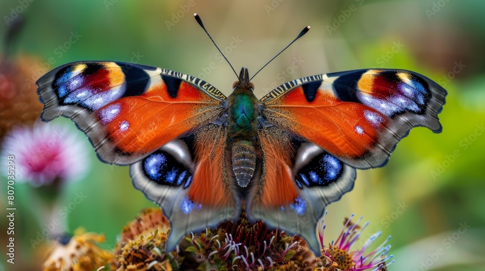 Obraz premium Vibrant peacock butterfly in natural habitat, cheshire, uk - detailed close-up of aglais io species amidst lush english landscape