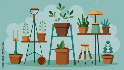 A set of rusted metal plant stands hold a mix of vintage garden tools and potted herbs creating a functional and decorative display.. Vector illustration