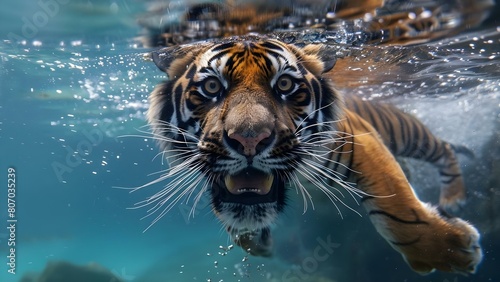 Tiger swimming underwater captured in close-up. Concept Nature Photography  Wildlife  Underwater World  Close-Up Shots  Animal Behavior