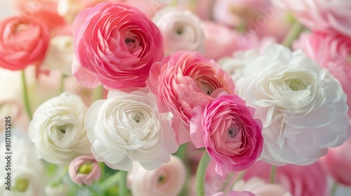 Pink and white ranunculus flowers  delicate floral blooms in soft hues  botanical illustration perfect for spring  wedding decor  or greeting cards  high-quality vector art