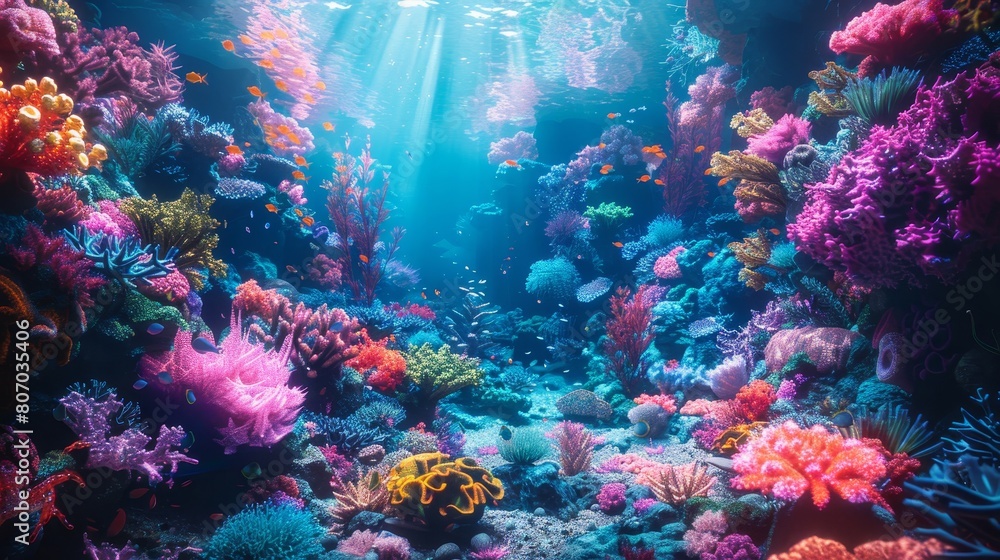 Naklejka premium Immerse in the opulent world of marine biology where a magnificent coral reef glows under a kaleidoscope of chromatic lighting, highlighting its vibrant hues and diverse ecosystem