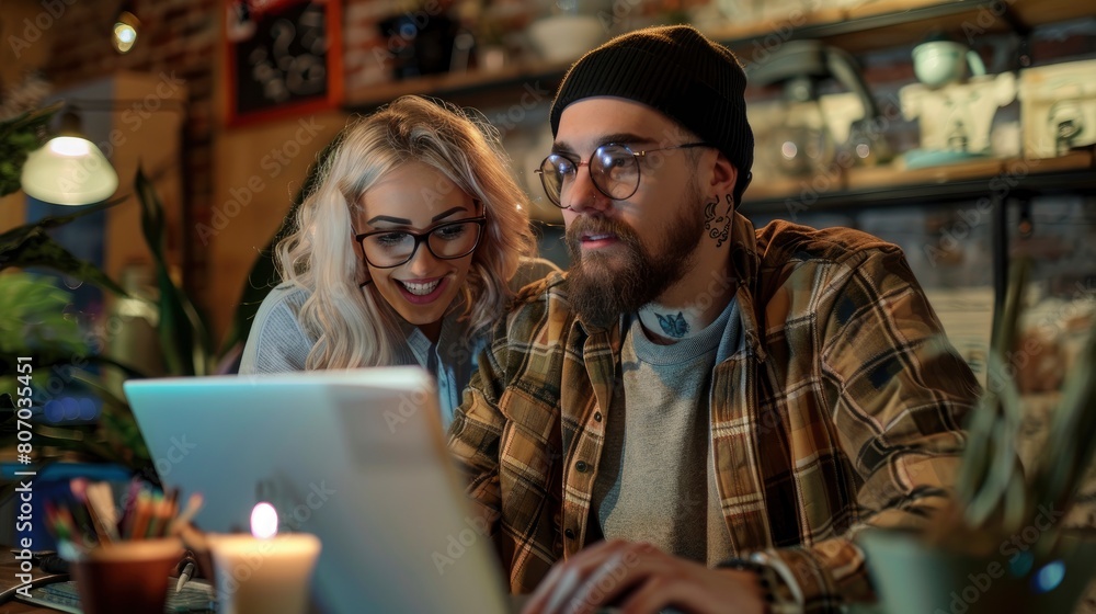 A Hipster Young Man Shares His Laptop Screen With A Female Colleague, Background HD For Designer        